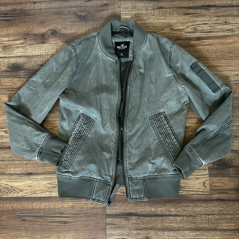 Hollister Green Bomber Jacket Womens XS Distressed Winter Coat